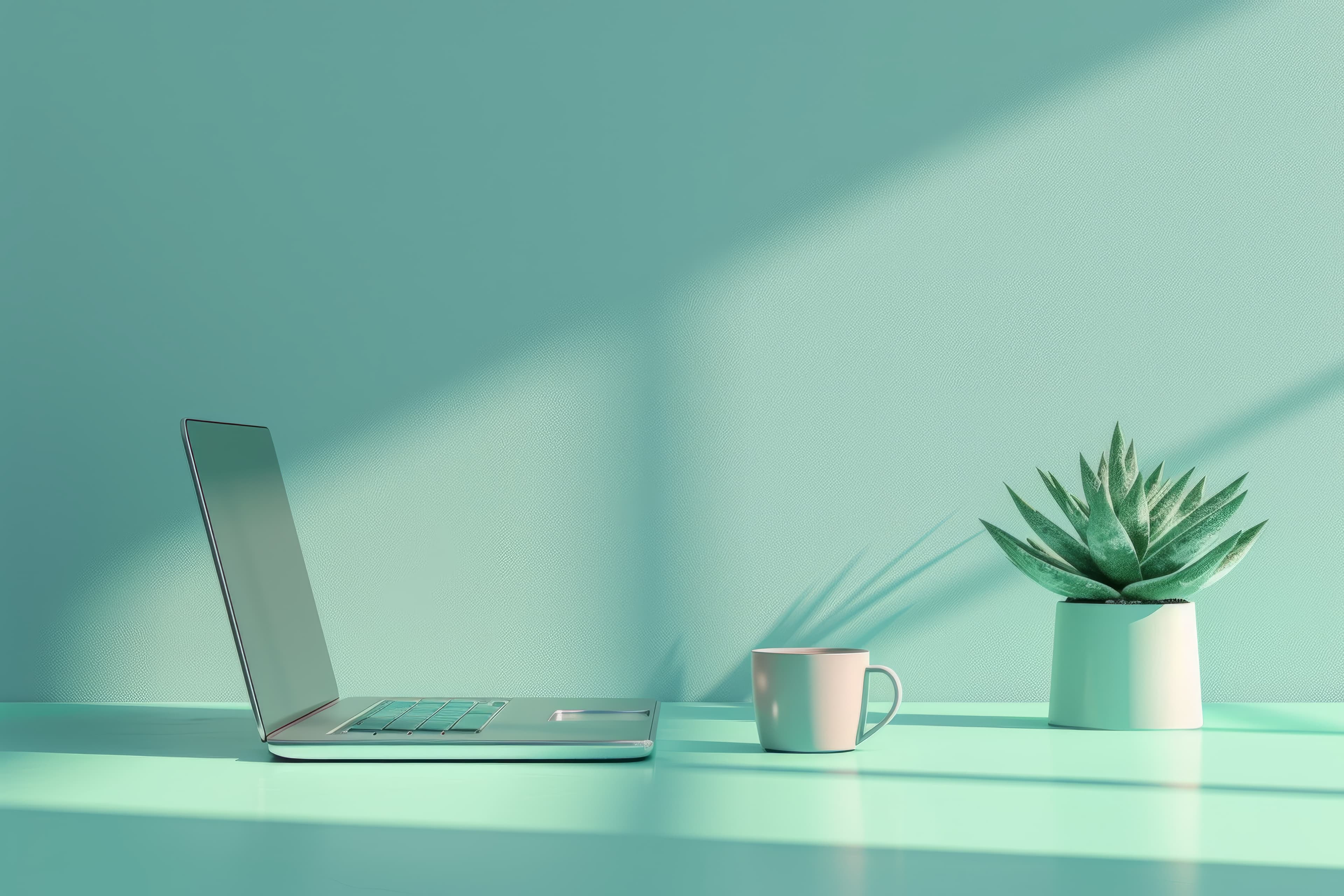 Laptop and plant on a teal desk representing the Hub's digital resources